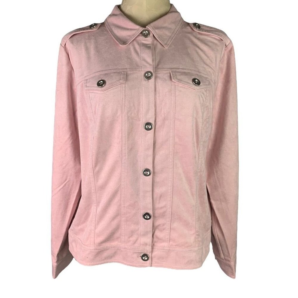 Large Joan Rivers Faux Suede Pink Jacket Button Up Pockets Women's